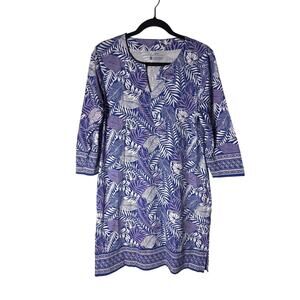 Coolibar Oceanside Tunic Dress Tropical Blue Purple Leaf Print Size Large Summer